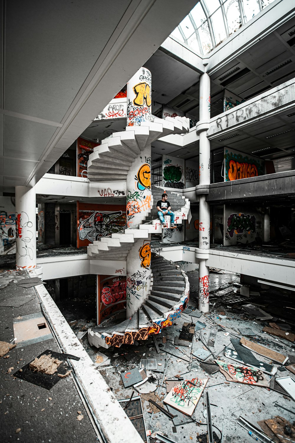 a building with a staircase and signs