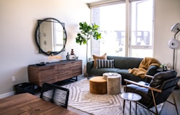a living room with a couch and a table