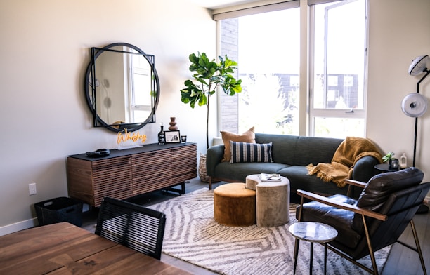 a living room with a couch and a table