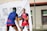 Two basketball players on an outdoor court engaged in a game. They are wearing jerseys with logos and appear focused on the action. A branded event backdrop and a chain-link fence are visible in the background.