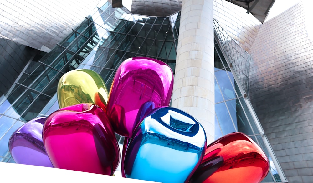 a group of colorful helmets