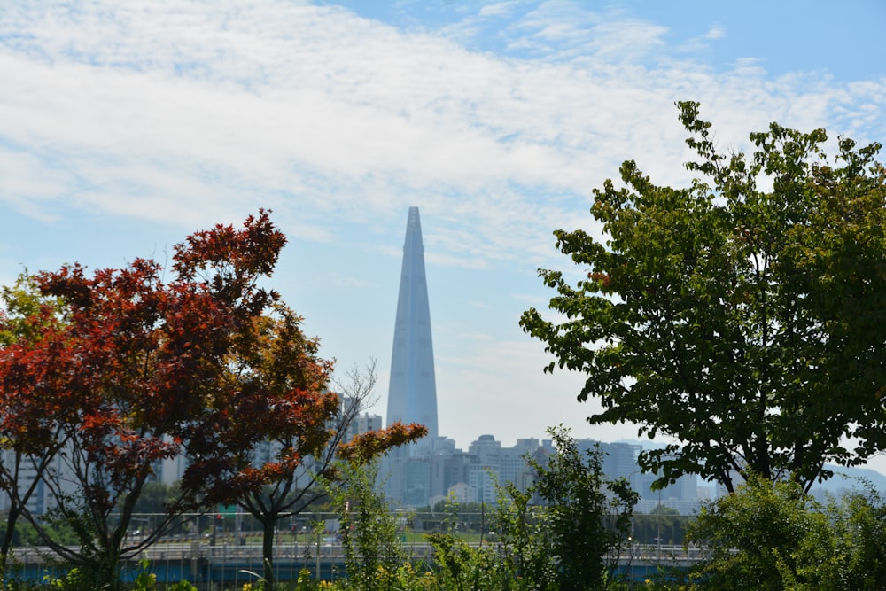 a tall building with trees in front of it