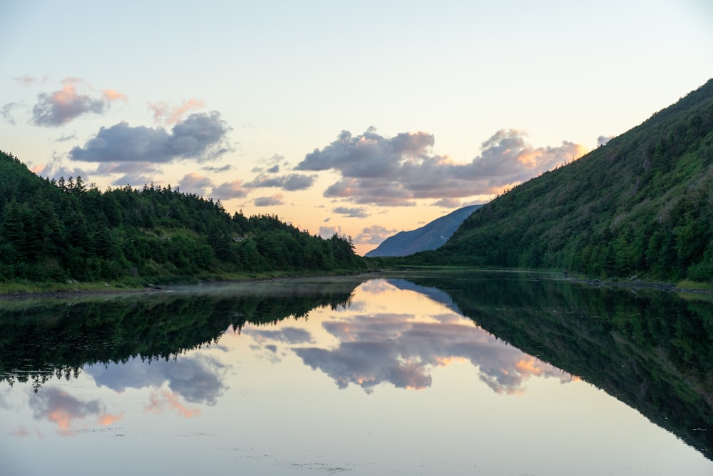 a lake surrounded by trees and mountains