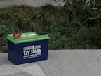 A blue 12V 100Ah lithium battery with green top, featuring red and black cable clamps, is placed on a concrete surface. Surrounding the battery are lush green shrubs and plants.