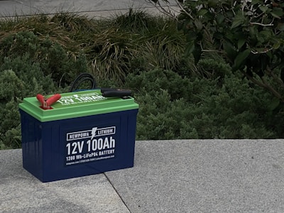 A blue 12V 100Ah lithium battery with green top, featuring red and black cable clamps, is placed on a concrete surface. Surrounding the battery are lush green shrubs and plants.