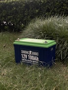 A lithium battery labeled 12V 100Ah is situated on grass, with its green top contrasting with its dark blue body. The background features a thick hedge, adding a natural setting to the image.