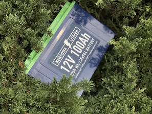 A 12V 100Ah lithium battery with the branding Newpowa is surrounded by dense green foliage. The battery case is blue, and it prominently displays technical specifications, along with website and contact details.