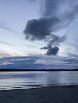 A serene lake reflecting the muted colors of a cloudy sky at twilight.