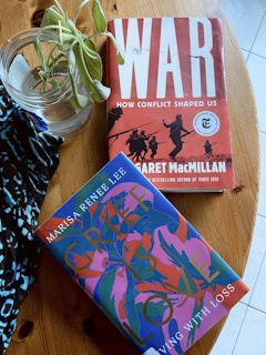 A wooden table holds two books and a jar with a plant. The book titled 'WAR: How Conflict Shaped Us' has a bold red cover with silhouettes of soldiers, and 'Grief is Love: Living with Loss' features a vibrant, abstract design with blues and pinks. A patterned fabric is partially visible underneath the jar.