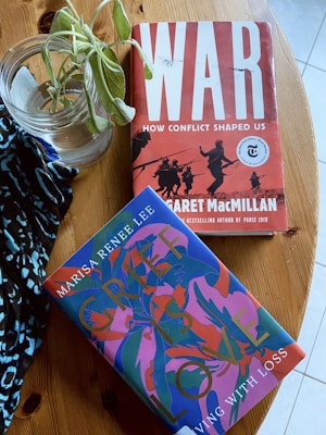 A wooden table holds two books and a jar with a plant. The book titled 'WAR: How Conflict Shaped Us' has a bold red cover with silhouettes of soldiers, and 'Grief is Love: Living with Loss' features a vibrant, abstract design with blues and pinks. A patterned fabric is partially visible underneath the jar.