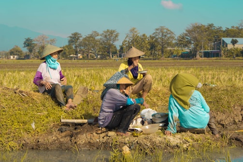 a group of women sitting in a field