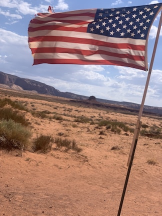 An American flag waves in the wind against a backdrop of a vast, arid desert landscape with sparse vegetation. The sky is partly cloudy, casting shadows on the rugged terrain.