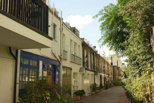 A winding cobblestone street lined with historic buildings and lush greenery, inviting exploration.