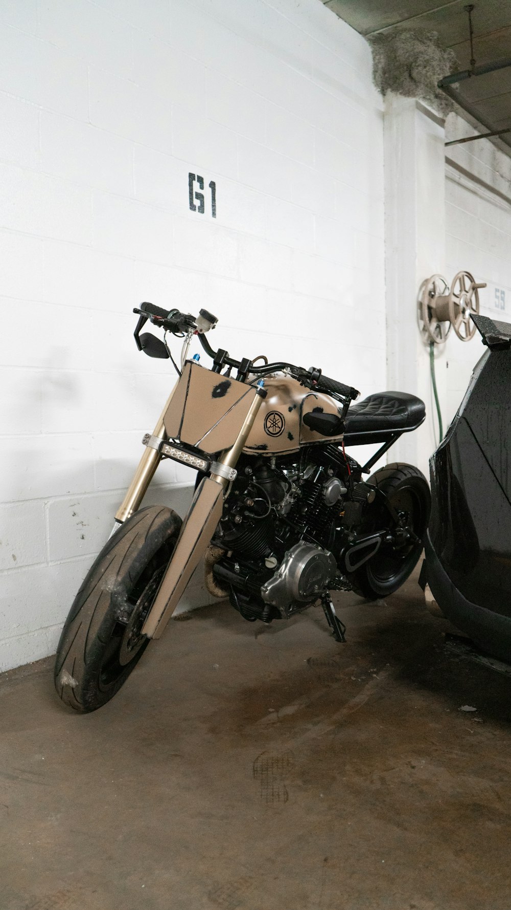 a motorcycle in a garage