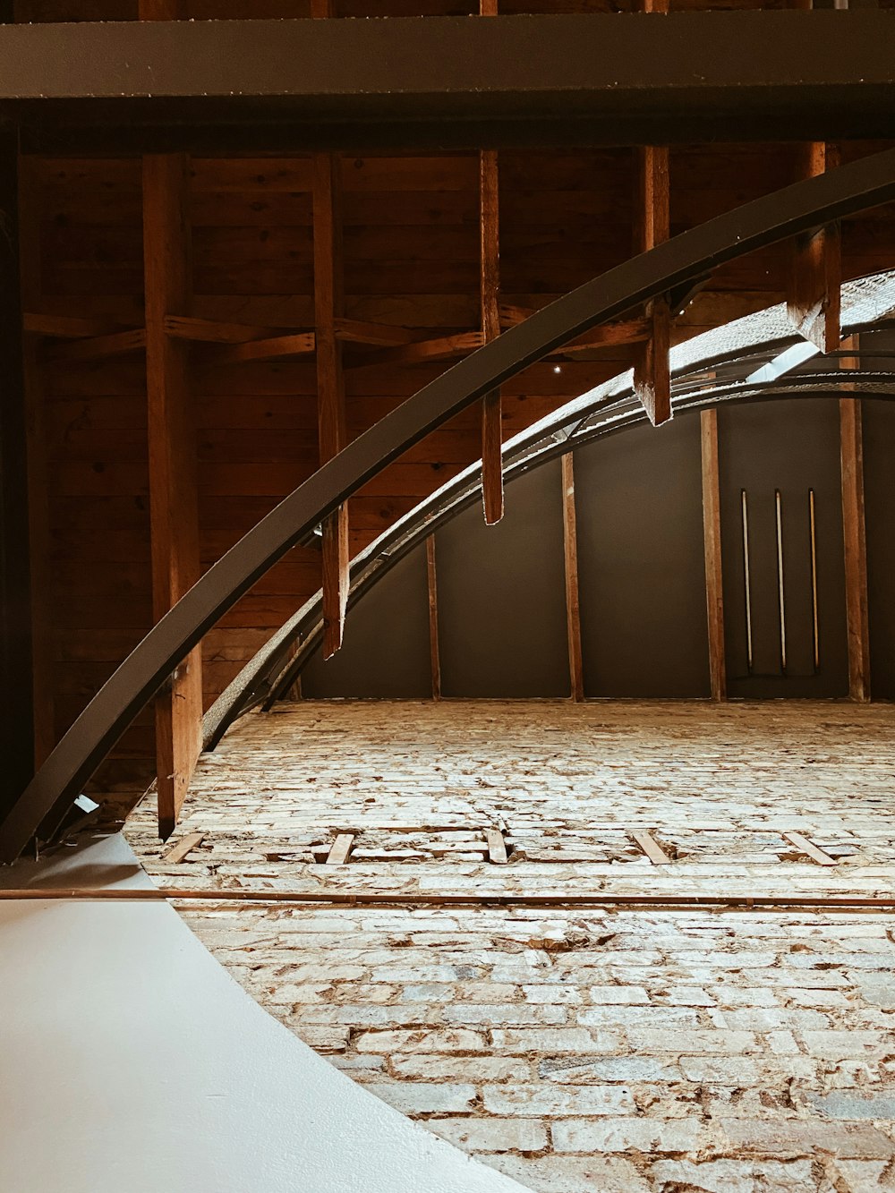 a wooden staircase in a building