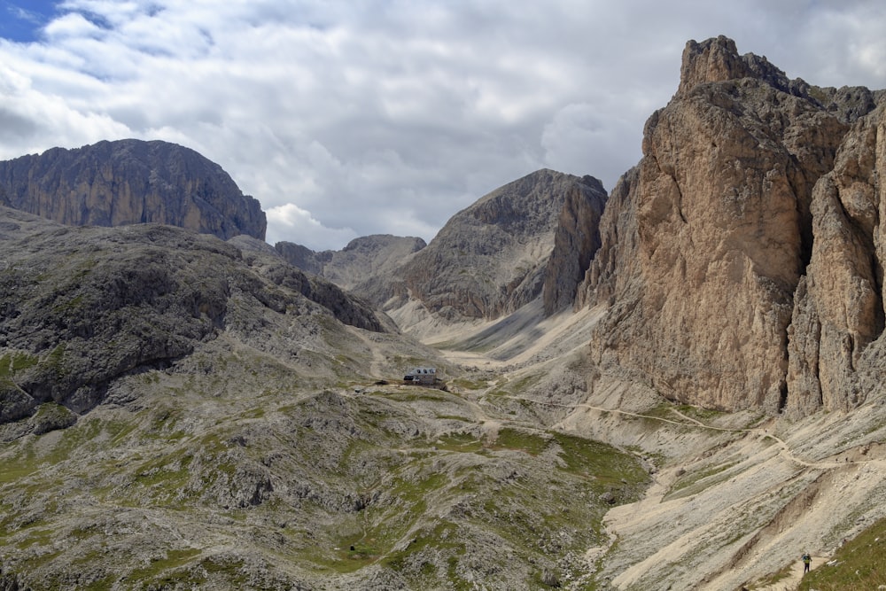 a rocky valley between mountains