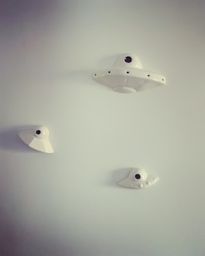 White ceramic objects resembling UFOs are mounted on a light gray wall. They vary in size and have a minimalist, modern design with a central black dot.