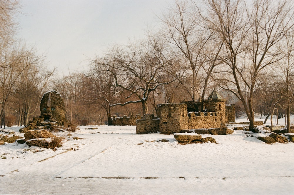 a snowy landscape with trees and a building in the distance