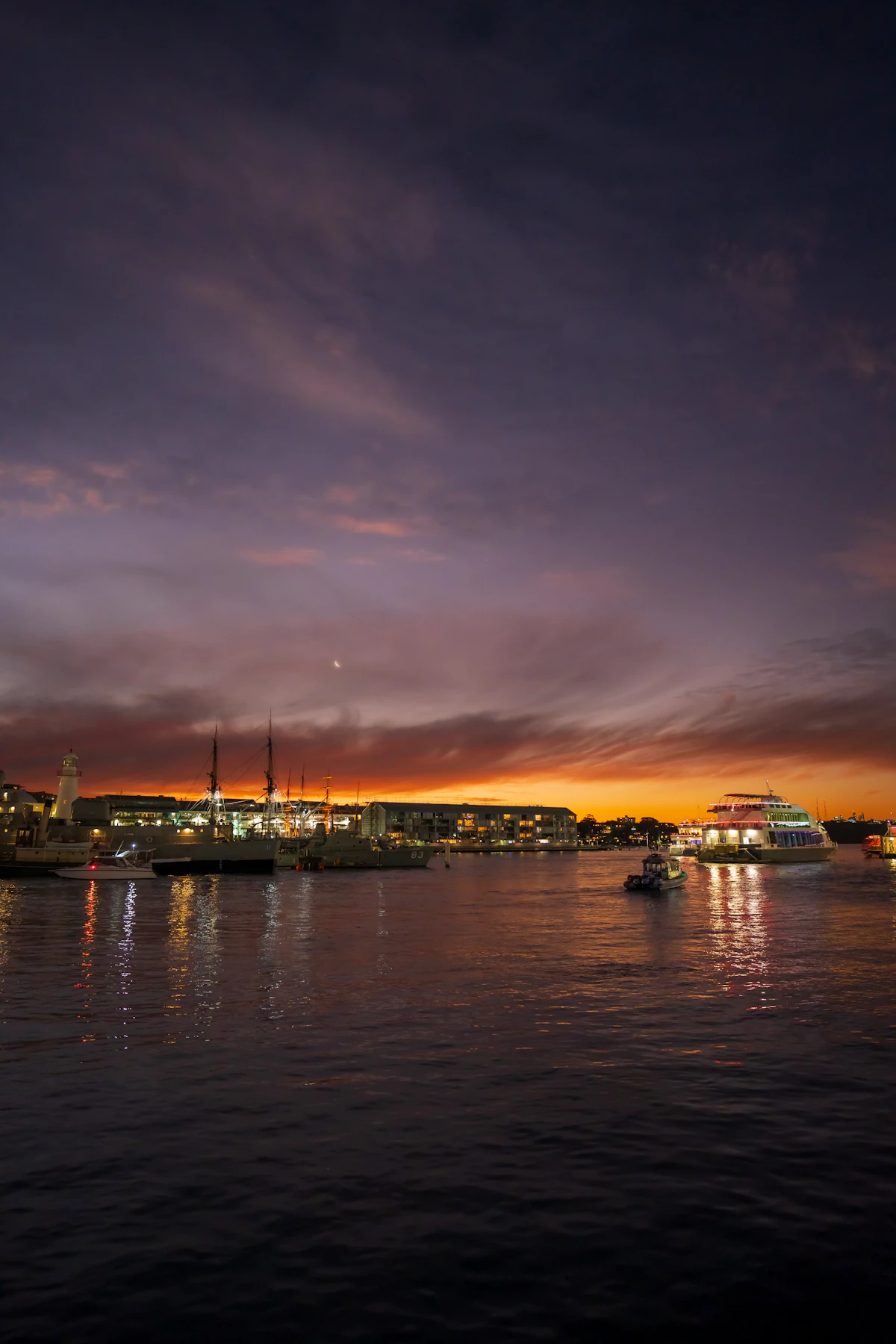 Sydney harbour with boats and city buildings from an inner-west shore