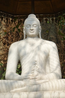 A peaceful marble murti of Lord Shiva seated in meditation with a rustic background.