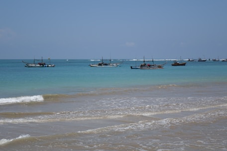 A turquoise lagoon in Mayotte with traditional boats floating gently near the shore.
