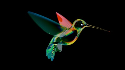 A glowing neon tattoo of a hummingbird in electric blue and pink hues on forearm skin.