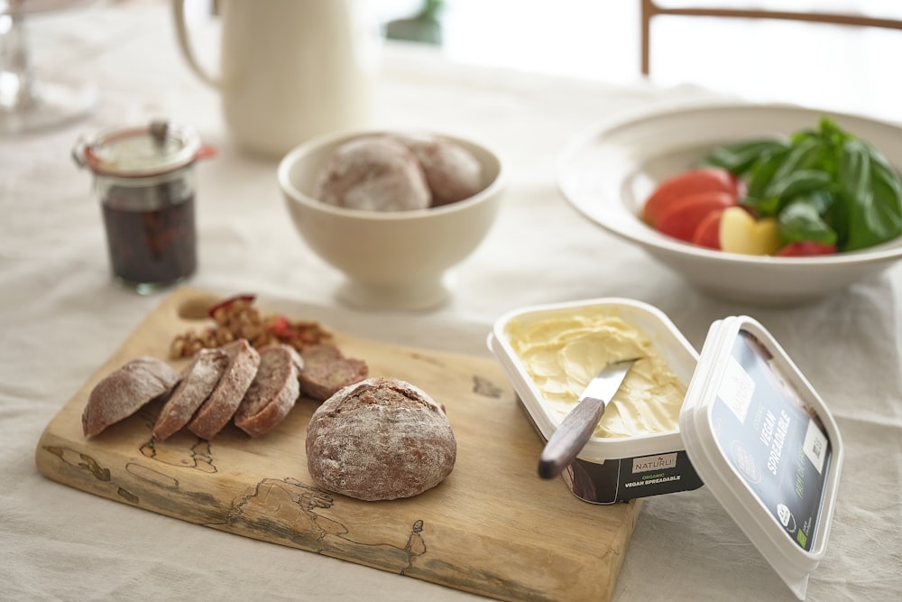 a cutting board with food on it