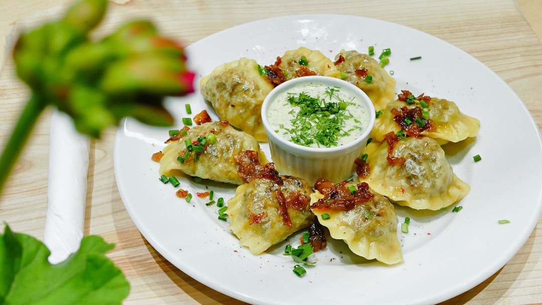 a plate of food, Dumplings with mushrooms inside