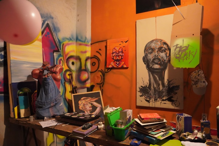 a desk with art on it