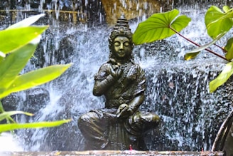 a statue of a person holding a leaf in a fountain