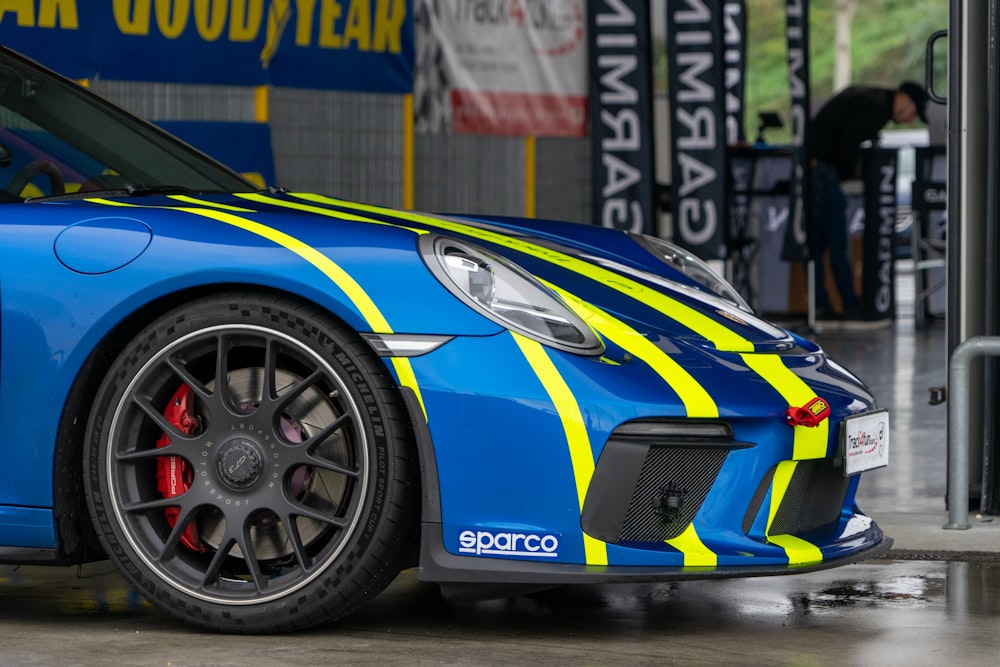 a blue and yellow race car