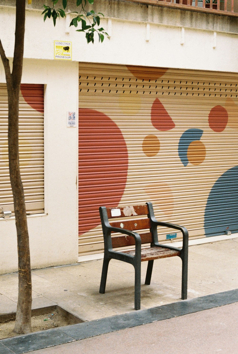 a bench sits in front of a wall