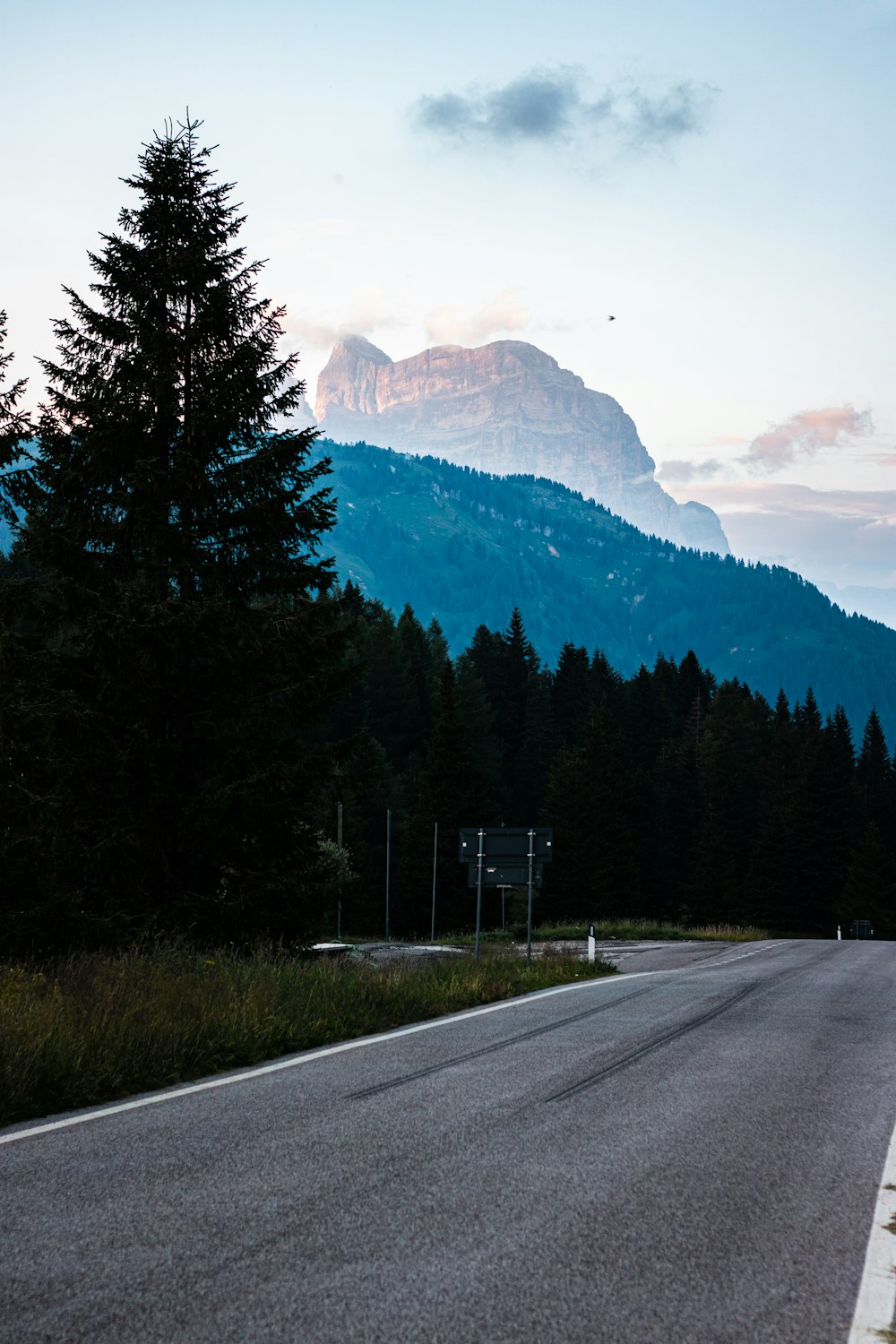 a road with trees and mountains in the background