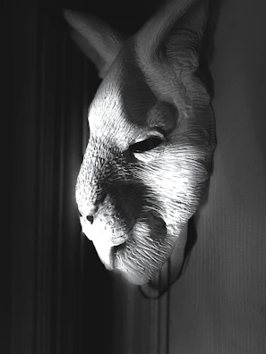 Detail of a handcrafted rabbit mask displayed on a rustic wooden table.