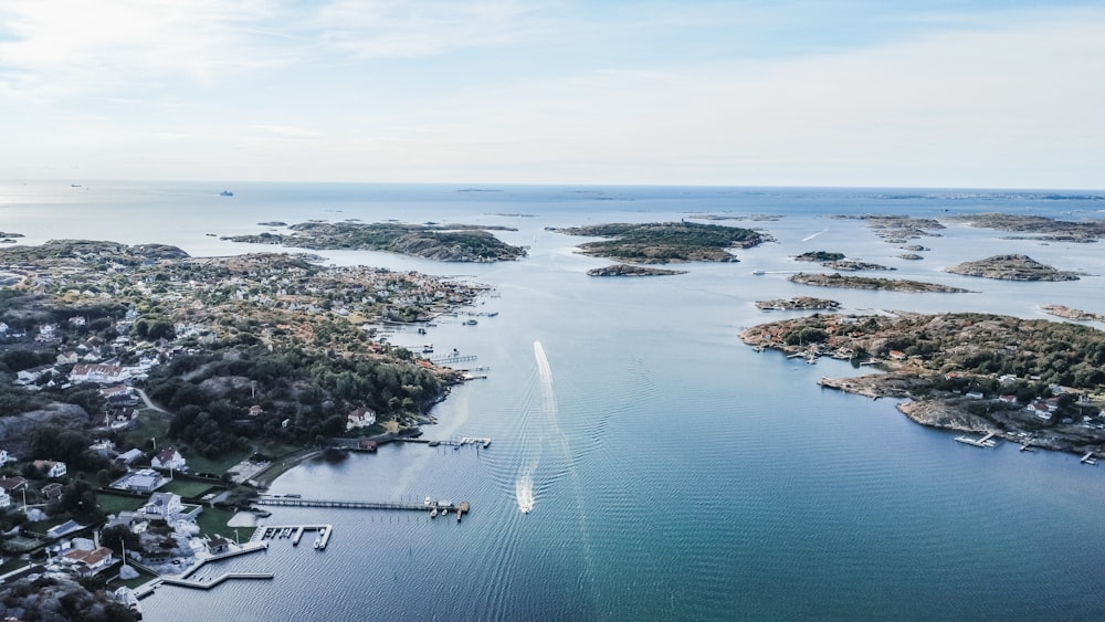 an aerial view of islands and a body of water