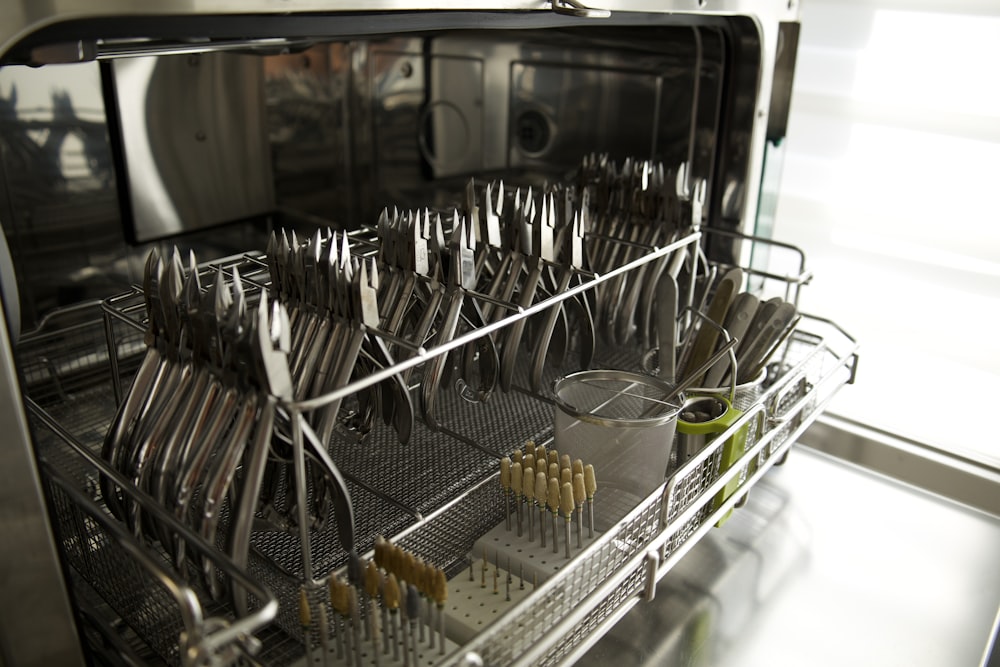 a rack of silverware