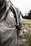 A person wearing a green jacket with a patch featuring a bear and the word 'Patagonia' is visible. A tattoo is partially visible on the individual's right forearm. A small panda pin is attached to the jacket pocket. The person has a hydration pack with a tube resting on the shoulder. The background consists of a grassy area and a forest with tall trees under an overcast sky.