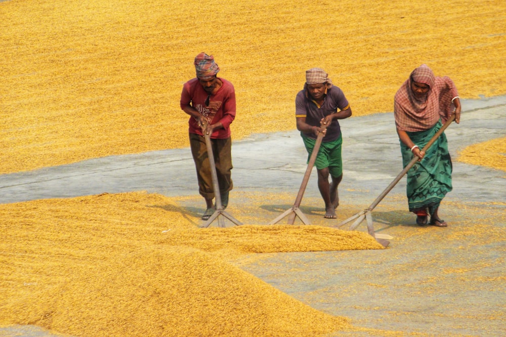 a group of people shoveling dirt