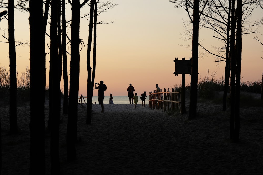 a group of people walking on a path in the fog