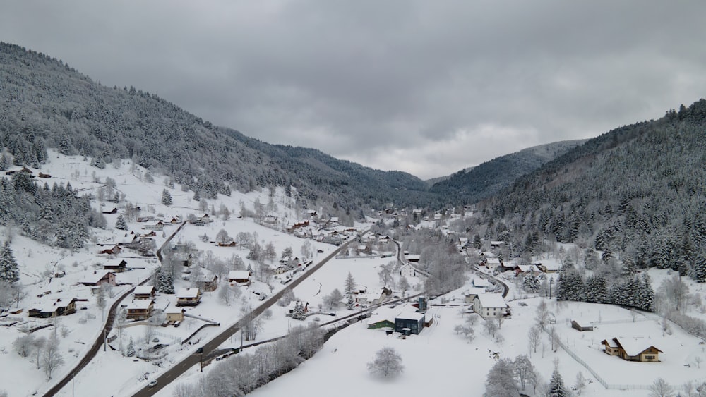 a snowy landscape with buildings and trees