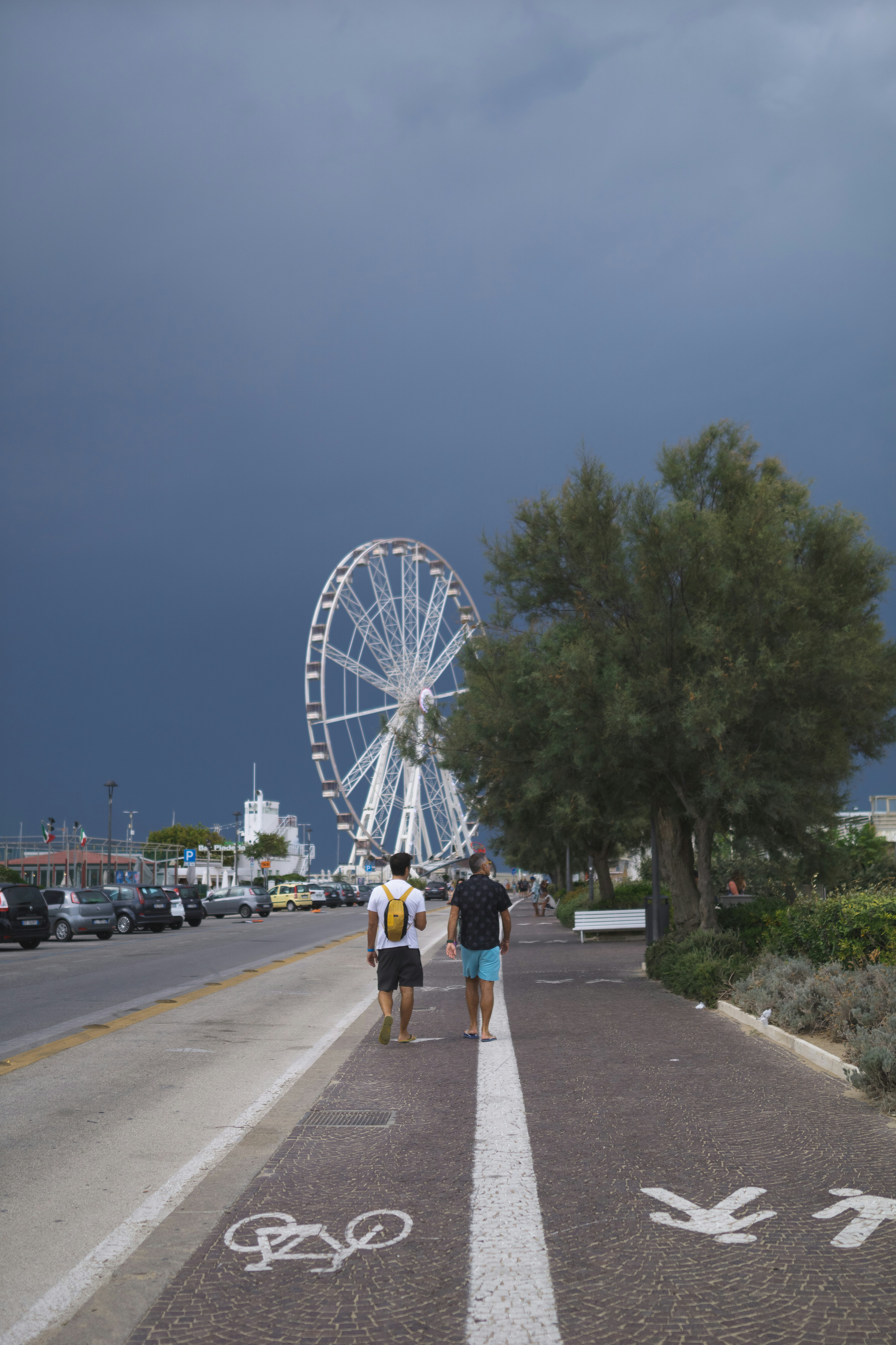 a couple of people walking down a road with a ferris wheel in the background