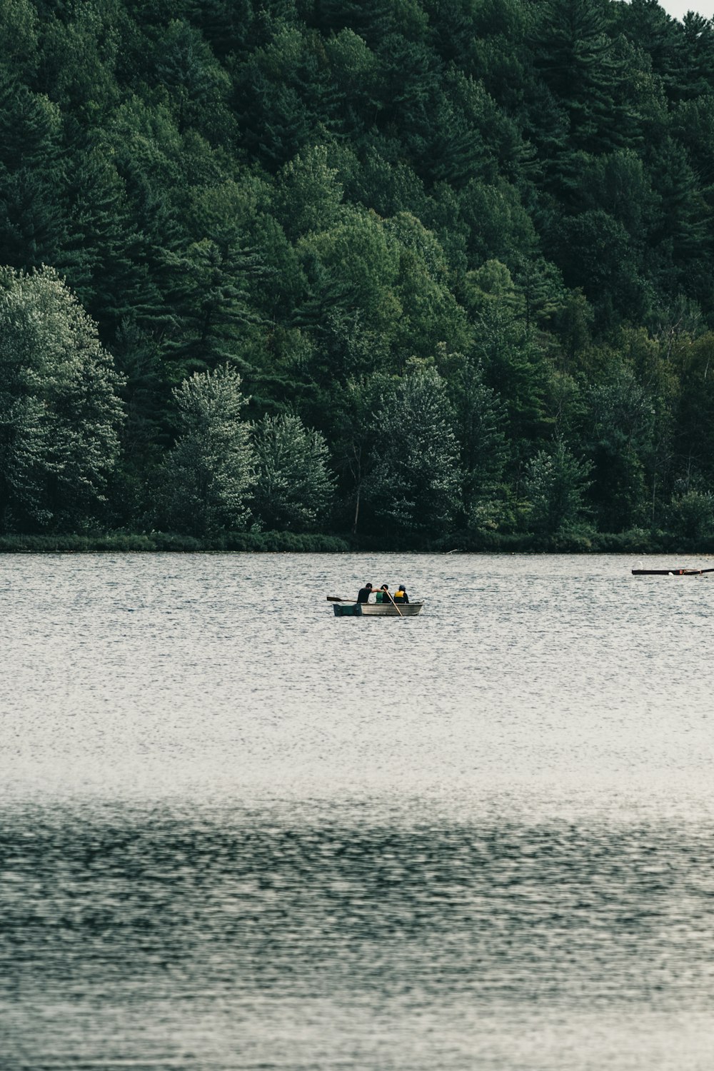 a group of people in a boat on a lake