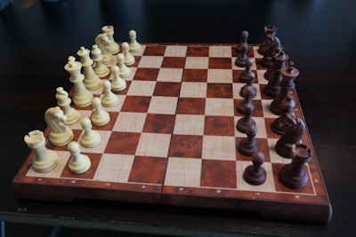 A wooden chessboard set up for a game with light-colored pieces on the left and dark-colored pieces on the right. The board has a checkered pattern, and the pieces are arranged in their starting positions, including pawns, rooks, knights, bishops, a queen, and a king for each color.
