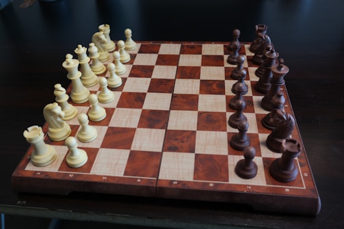 A wooden chessboard set up for a game with light-colored pieces on the left and dark-colored pieces on the right. The board has a checkered pattern, and the pieces are arranged in their starting positions, including pawns, rooks, knights, bishops, a queen, and a king for each color.