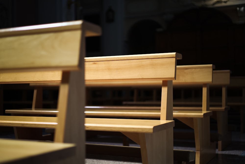 a row of wooden benches