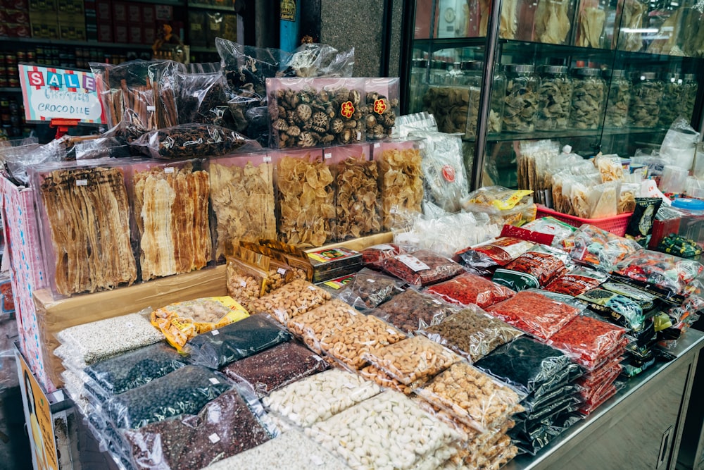 a display of different foods