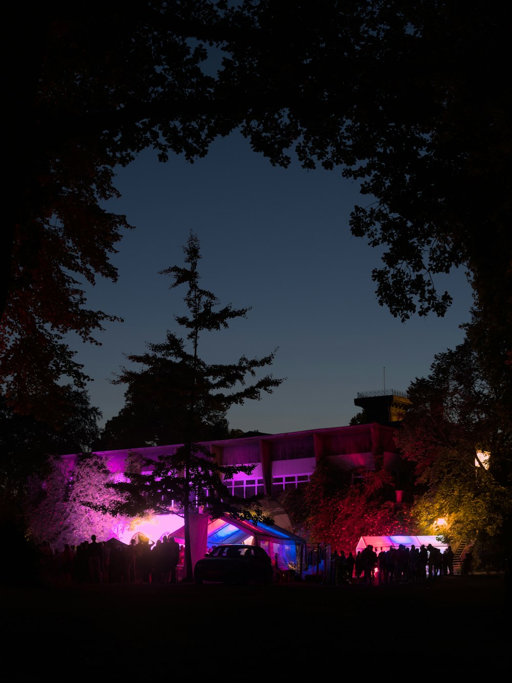 a building with lights on at night