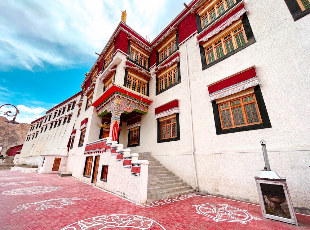 a building with red and white decorations