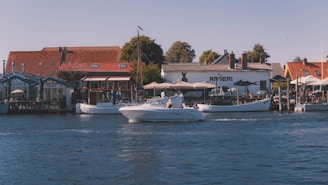 A scenic waterfront view featuring several small buildings with red-tiled roofs and outdoor seating areas. Boats are docked at the wooden piers, and a white speedboat is cruising across the water. Trees in the background and a clear blue sky suggest a pleasant day.