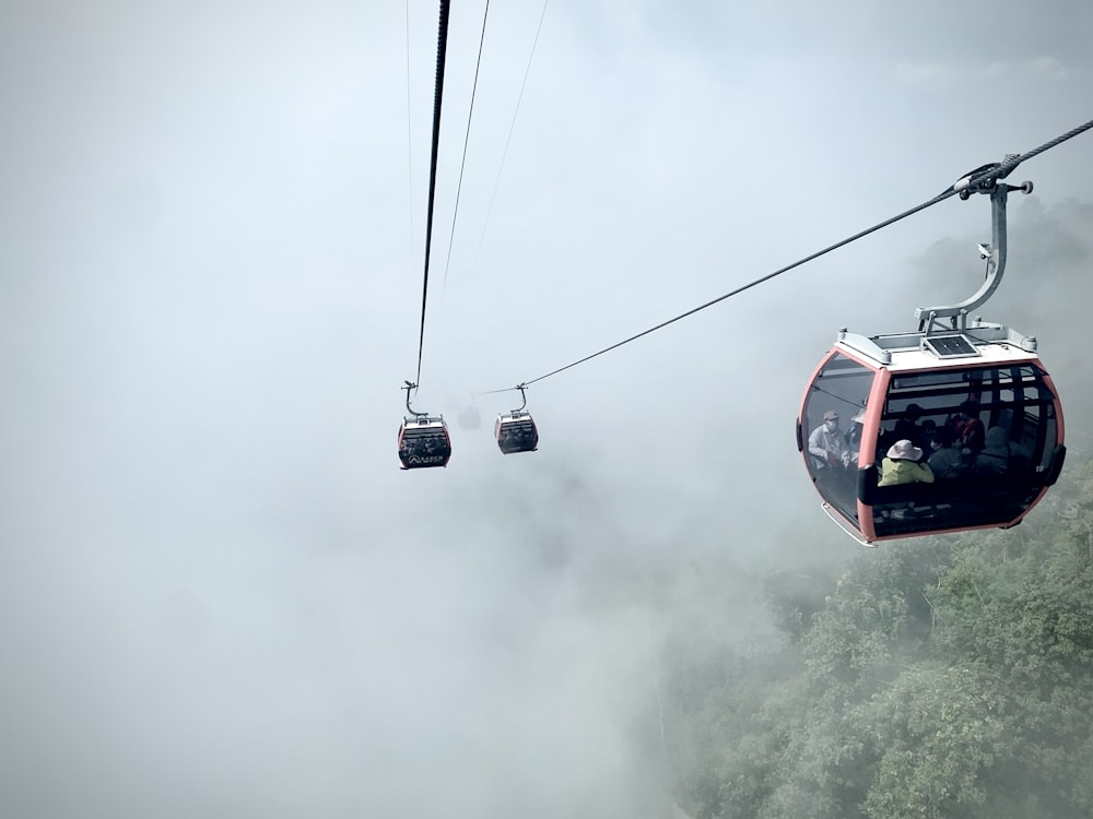 a group of people riding a cable car